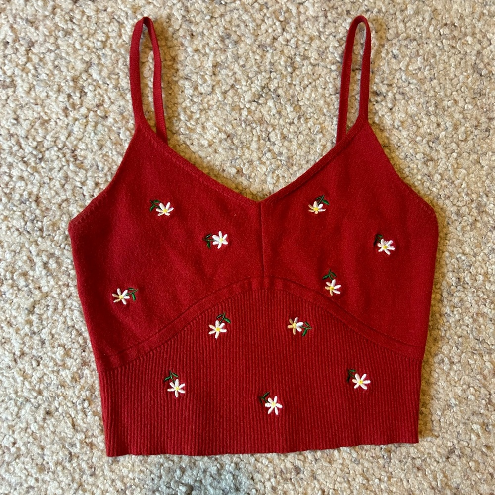 Red Floral Cropped Tank Top